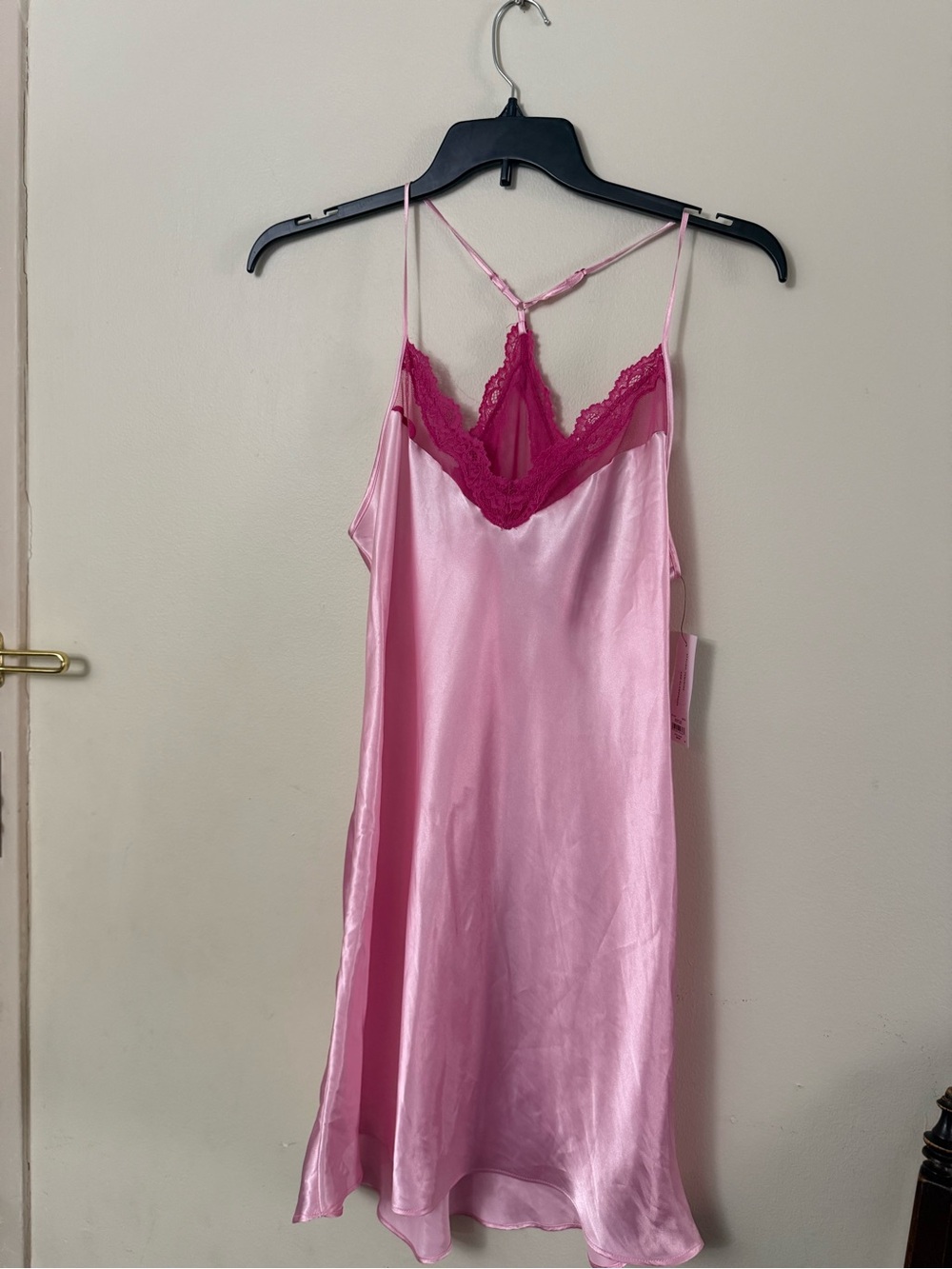 Pink Satin Slip Chemise with Fuchsia Lace Trim - Picture 2 of 9